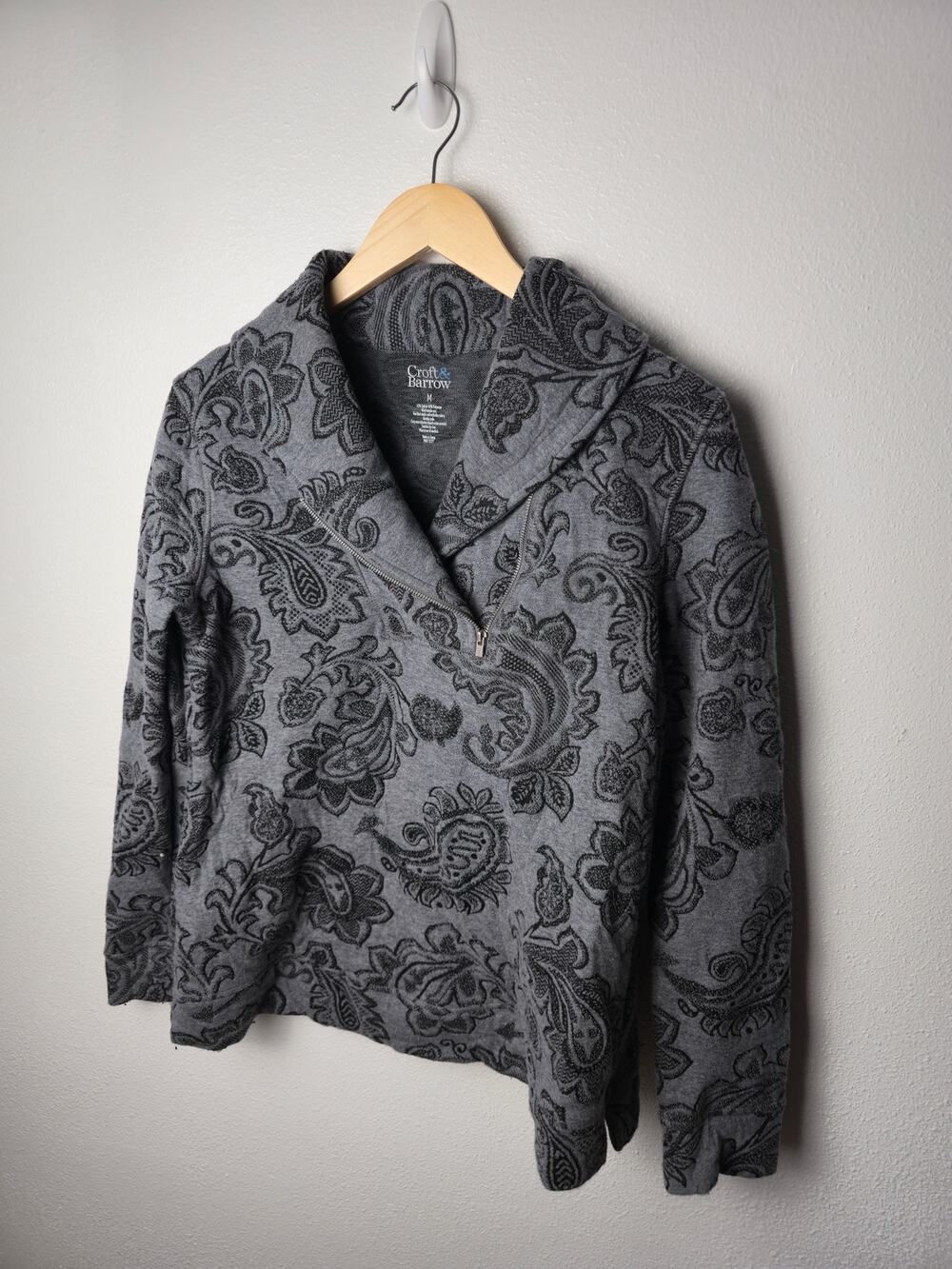 Croft & Barrow Gray 1/4 Zip Top Sweater Pullover Paisley Size M